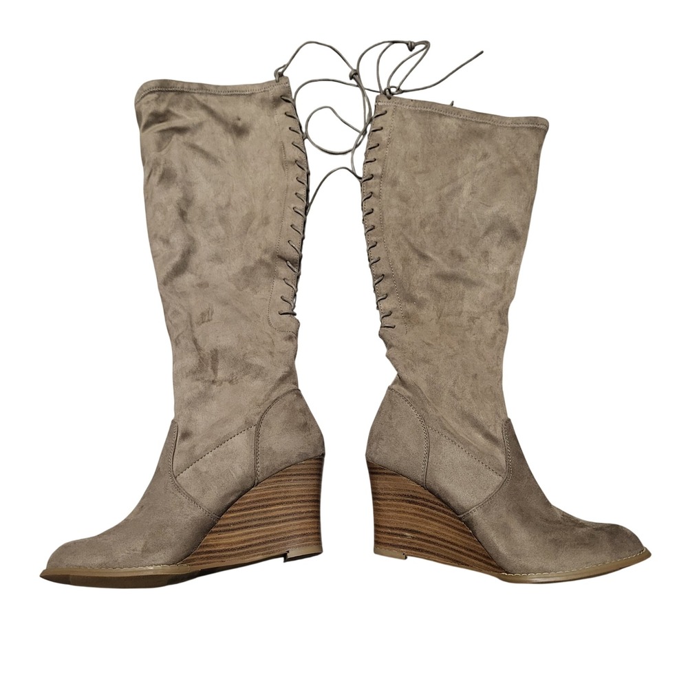 Torrid Taupe Faux Suede Lace Up Back Wedge Knee High Boots Fall Boho 8.5 Wide